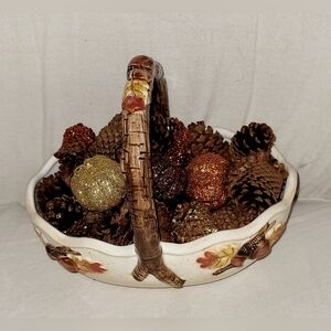 Fall Leaves Ceramic Basket With Mini Pinecones